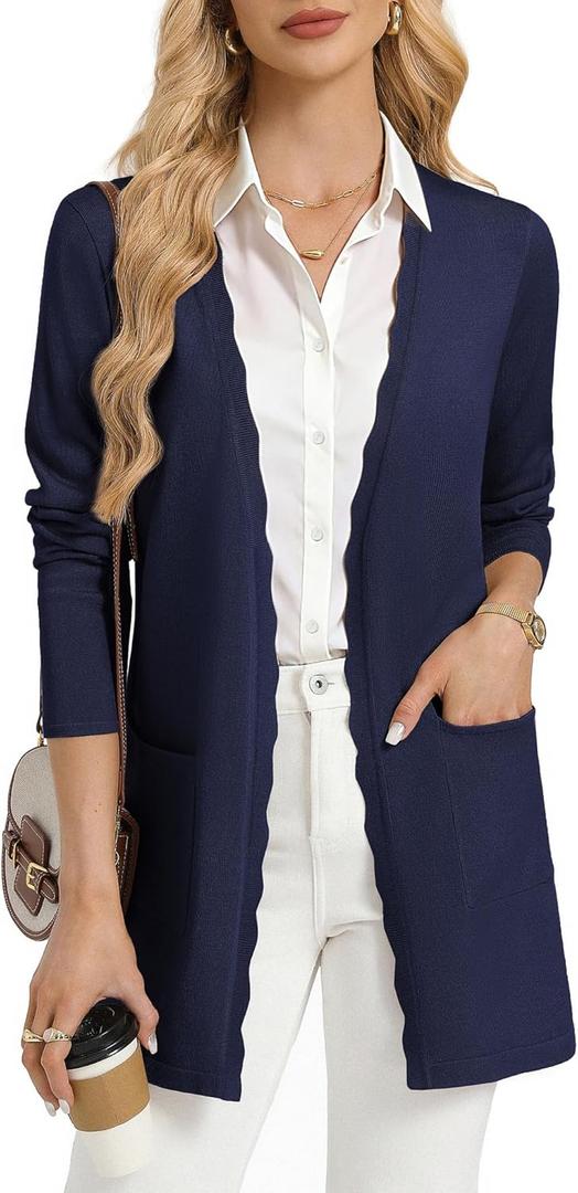 GRACE KARIN Womens Long Cardigans Trendy, Lightweight Knit Blazer, Casual Open Front Spring Sweaters with Pockets (Blue, L)