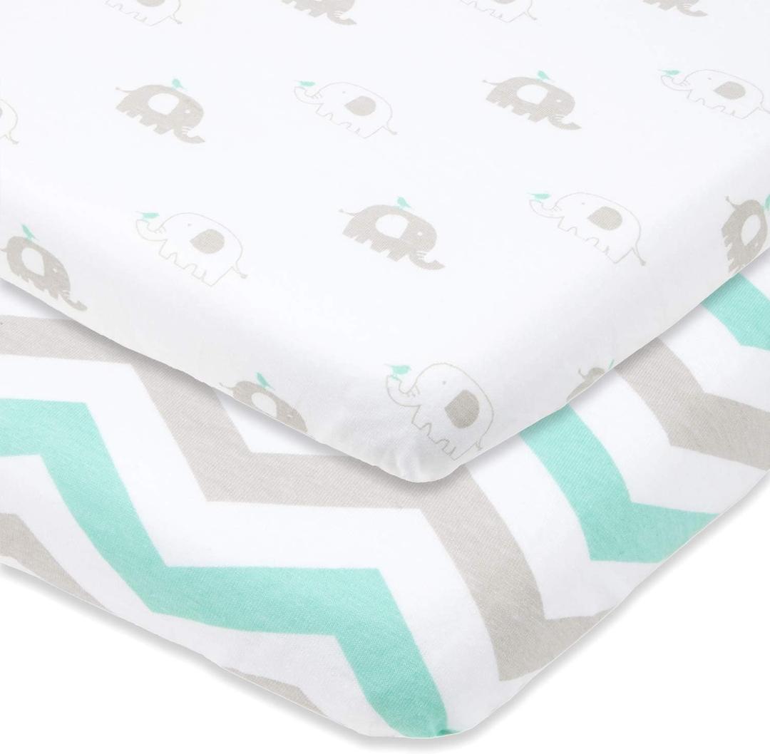 Joey + Joan Bassinet Fitted Sheets 19" x 32" for Cowiewie Bedside Sleeper Bassinet Mattress Pad  Snuggly Soft 100% Jersey Cotton  Grey, Mint  2 Pack