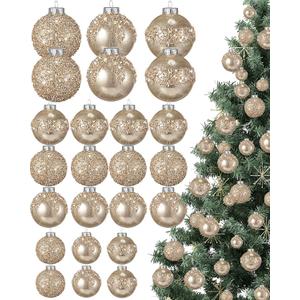 Civaner 24 Pcs Glitter Christmas Ball Ornaments Set 3.2'' 2.4'' 1.6'' Christmas Tree Ornaments Hanging Sequin Shatterproof Balls for Xmas Tree Wreath Garland Xmas Home Decor(Champagne Gold)