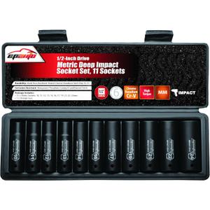 EPAuto 1/2-Inch Drive Metric Deep Impact Socket Set, Cr-V, 6 Points, 11 Sockets (Black)