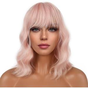 LANCAINI Short Bob Wigs with Bangs for Women Loose Wavy Wig Curly Wavy Shoulder Length Bob Synthetic Cosplay Wig for Girl Colorful Costume Wigs (Peach Fuzz)