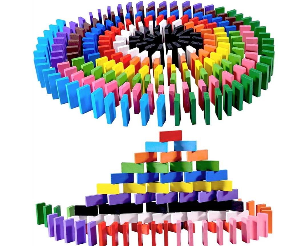 OBTANIM 600 Pcs Colorful Wooden Domino Blocks Set Tile Bulk Building Racing Stacking Games Educational Toys for Kids Birthday Party Favor