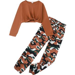 Girls 2 Piece Outfits Long Sleeve Twist Front Shirts and Camo Pants Sets for Fall Winter Sweatsuits Size 5-14Y (7-8 Years)