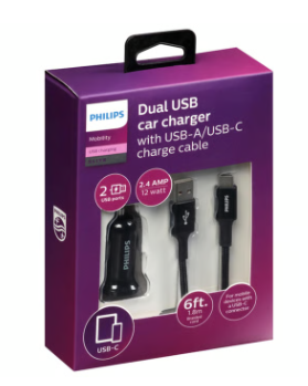 Philips Dual USB Car Charger with USB-A/USB-C Charge Cable