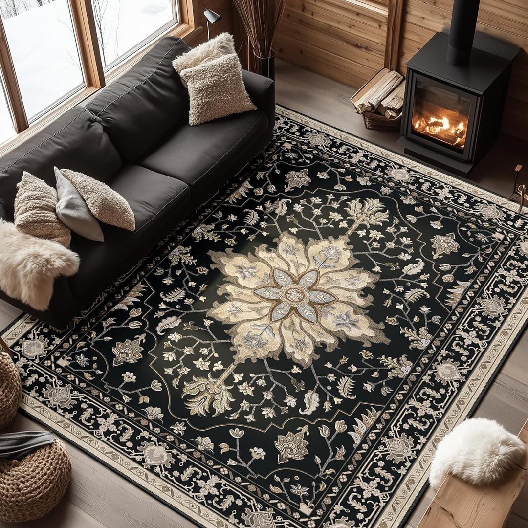 Area Rugs 6'x9' Washable Non-Slip, Floral Vintage Distress Print Pattern Medallion Carpet for Living Room Bedroom Dining Room, Black Brown Neutral Dark Tan