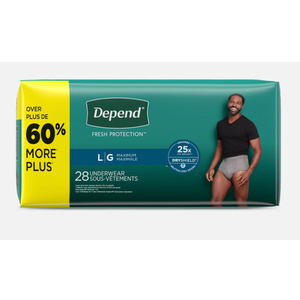 Depend Fresh Protection Adult Diapers, Incontinence Underwear for Men, Disposable, Maximum, Large, Grey, 28 Count