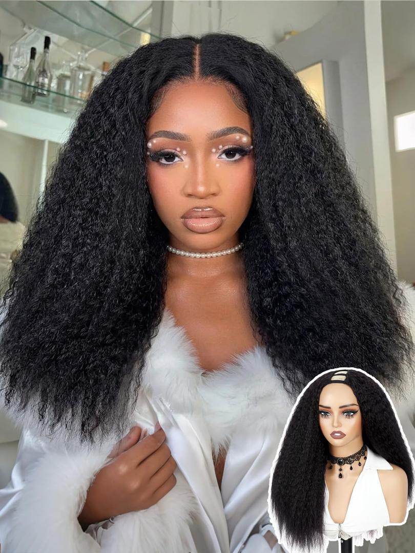 WIGER Kinky Straight U Part Wigs Human Hair Half Wig Natural Color Glueless Thin Leave Out Curly Hair 200% Density 22 Inch kinky Curly Clip in Wigs for Black Women Wear And Go Wig