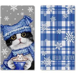 Hello Winter Tuxedo Cat Kitchen Dish Towels Set of 2, Snowflake Drying Hand Towel Baking Cooking Cloth Pet Owner Lover Gift, Blue Buffalo Plaid Christmas Bathroom Home Decoration 18'' x 26''