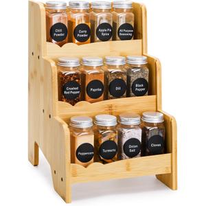 Jucoan Small Spice Rack Organizer Countertop, 3 Tier Bamboo Spice Rack Seasoning Organizer for Kitchen Cabinet Pantry Countertop Holding 12 Jars, Jars No Included
