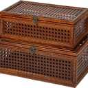 Handwoven Rattan Storage Boxes Set of 2, Decorative Wooden Wicker Chest with Lids and Latches, Vintage Boho Storage Trunks for Living Room, Bedroom, Home Decor