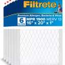 Filtrete 16x20x1 AC Furnace Air Filter, MERV 13, MPR 1900, Premium Allergen, Bacteria & Virus Filter, 3-Month Pleated 1-Inch Electrostatic Air Cleaning Filter, 6-Pack (Actual Size 15.69x19.69x0.78 in)