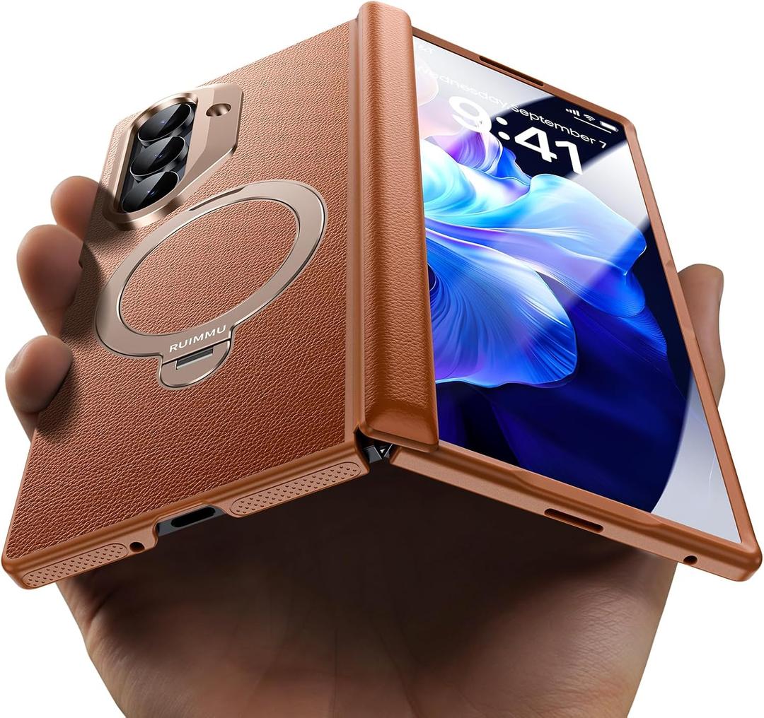 for Samsung Galaxy Z Fold 7 Case - Luxury Leather Zflold 7 Case with Screen Protector, Kickstand and 360 Ring Holder Brown