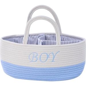 DUHEL Diaper Caddy Organizer with Handle,Baby Basket use for Diaper Organizer and Storage,Baby Boys Newborn Essentials,3 Compartments-Cotton rope Material Storage for Home or Travel.(WhiteBlue)