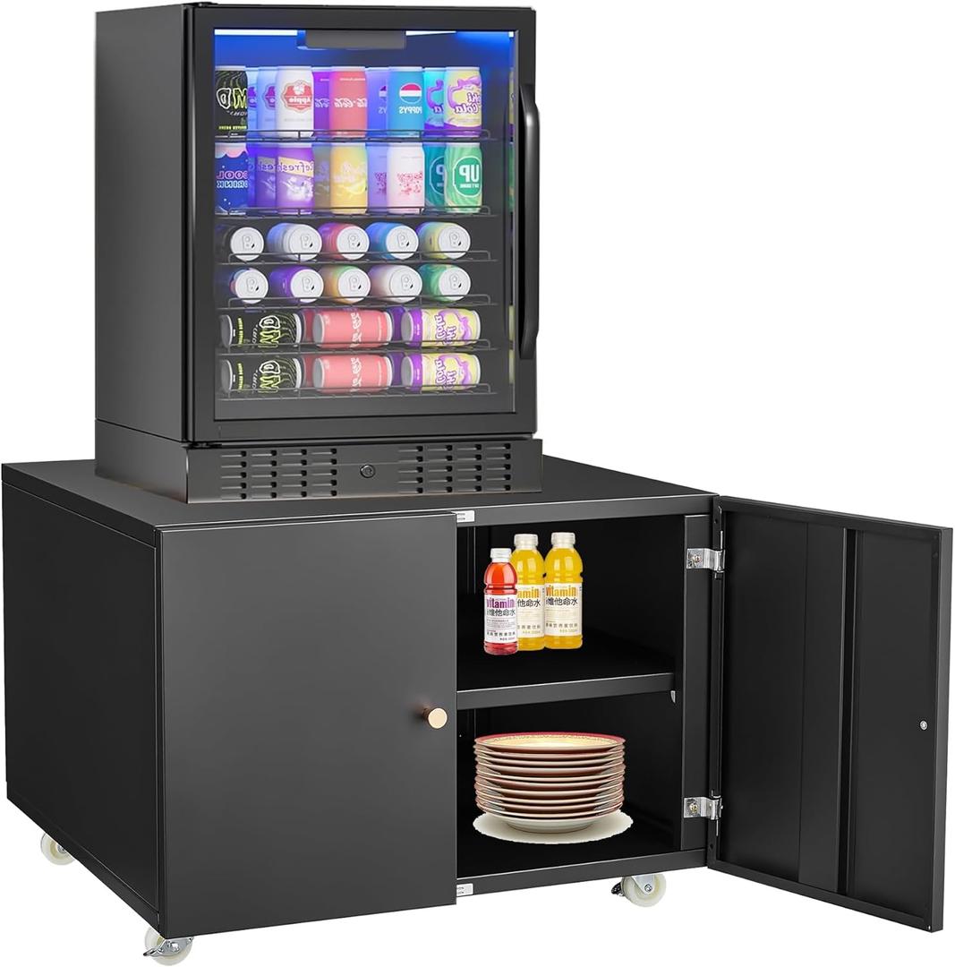 Mini Fridge Stand with Storage, Mobile Mini Fridge Shelf with 4 Wheels, Refrigerator Stand Table for Dorm, Small Refrigerator Stands Storage Cart Printer Stand with 2 Doors 17.7 in H Black