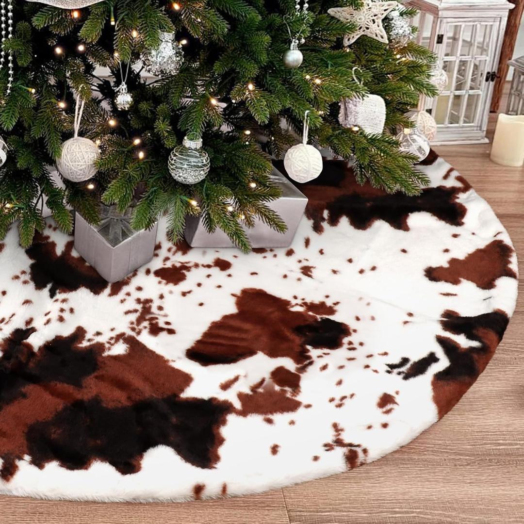 Christmas Tree Skirt 48 Inch Cow Stripe Plush Faux Fur Elegant Christmas Tree Skirts Floor Mat White and Black Cows Print Tree Skirt Indoor Outdoor Christmas Holiday Decoration