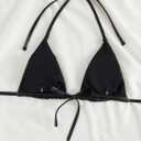 Verdusa Women's Triangle Bikini Top Self Tie PU Leather Halter Swim Top (Black, L)