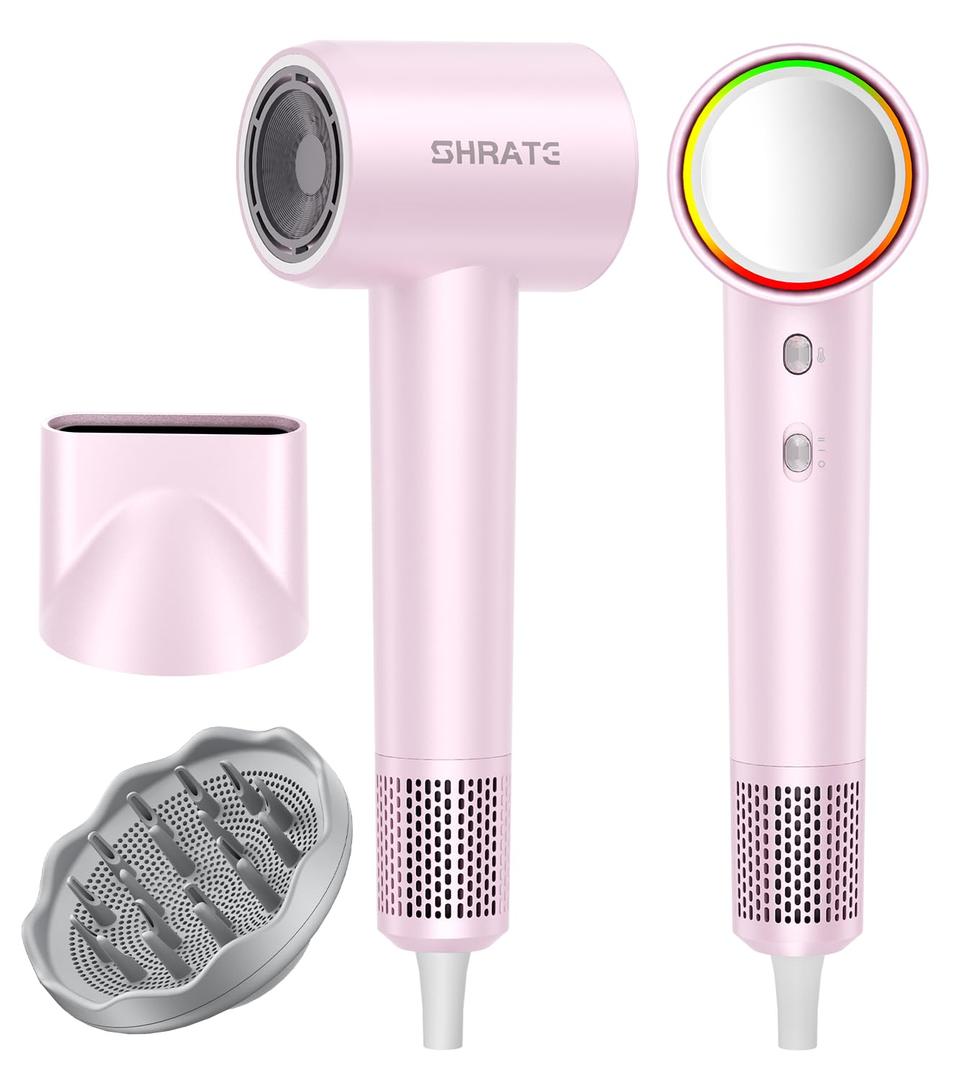 SHRATE Professional High Speed Ionic Hair Dryer | Ultra-Fast Drying | 500 Million Negative Ions | Low Noise | 160000 RPM | Compact Blow Dryer with Magnetic Diffuser for Faster Drying All Hair Types (Pink)