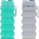 Collapsible Water Bottles Travel water bottle Sports Portable Sport Water Bottle Reusable Water Bottles comes with mountaineering Buckle 500ml silicone Water-proof camping water bottle (Green+Light grey)