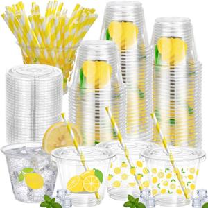 Mumufy 100 Pack Lemon Stand Cups 9oz Disposable Plastic Cups with Lids and Straws Cup Lemon Stand Supplies Yellow Lemons Cold Beverage Drinking Cup for Iced Smoothie Juice Tea