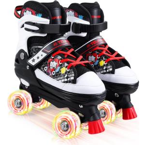 Kids Roller Skates, 4 Size Adjustable Quad Skates with All Light Up Wheels, 10C to 8 Rollerskates for Toddlers, Beginners, Boys, Girls, Outdoor, Indoor (Black)