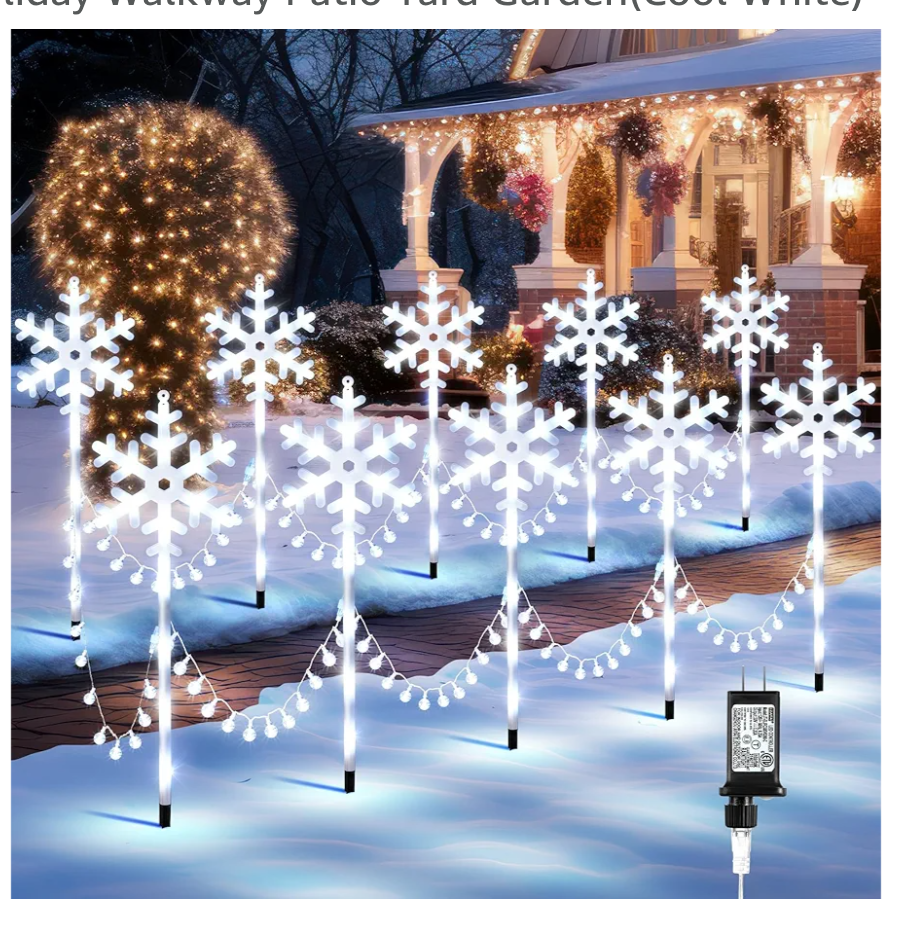 Christmas Snowflake Pathway Lights Outdoor, Set of 10 Christmas Pathway Lights with 8 Lighting Modes, Outdoor Xmas Decorations with Timer for Holiday Walkway Patio Yard Garden(Cool White