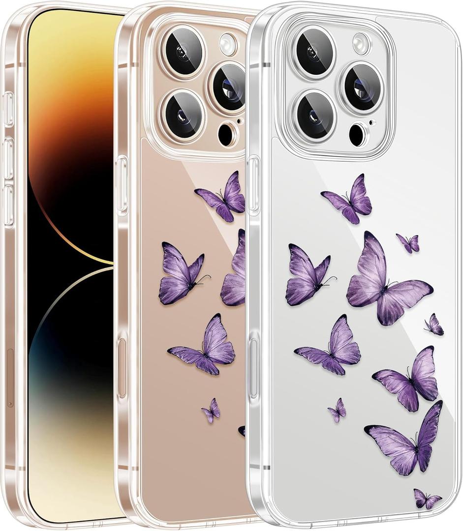 Cute Girly Crystal Clear Case Compatible with iPhone 16 Pro Max, Camera Control & Shockproof Protection Floral Case for Women, Black-Purple Butterflies