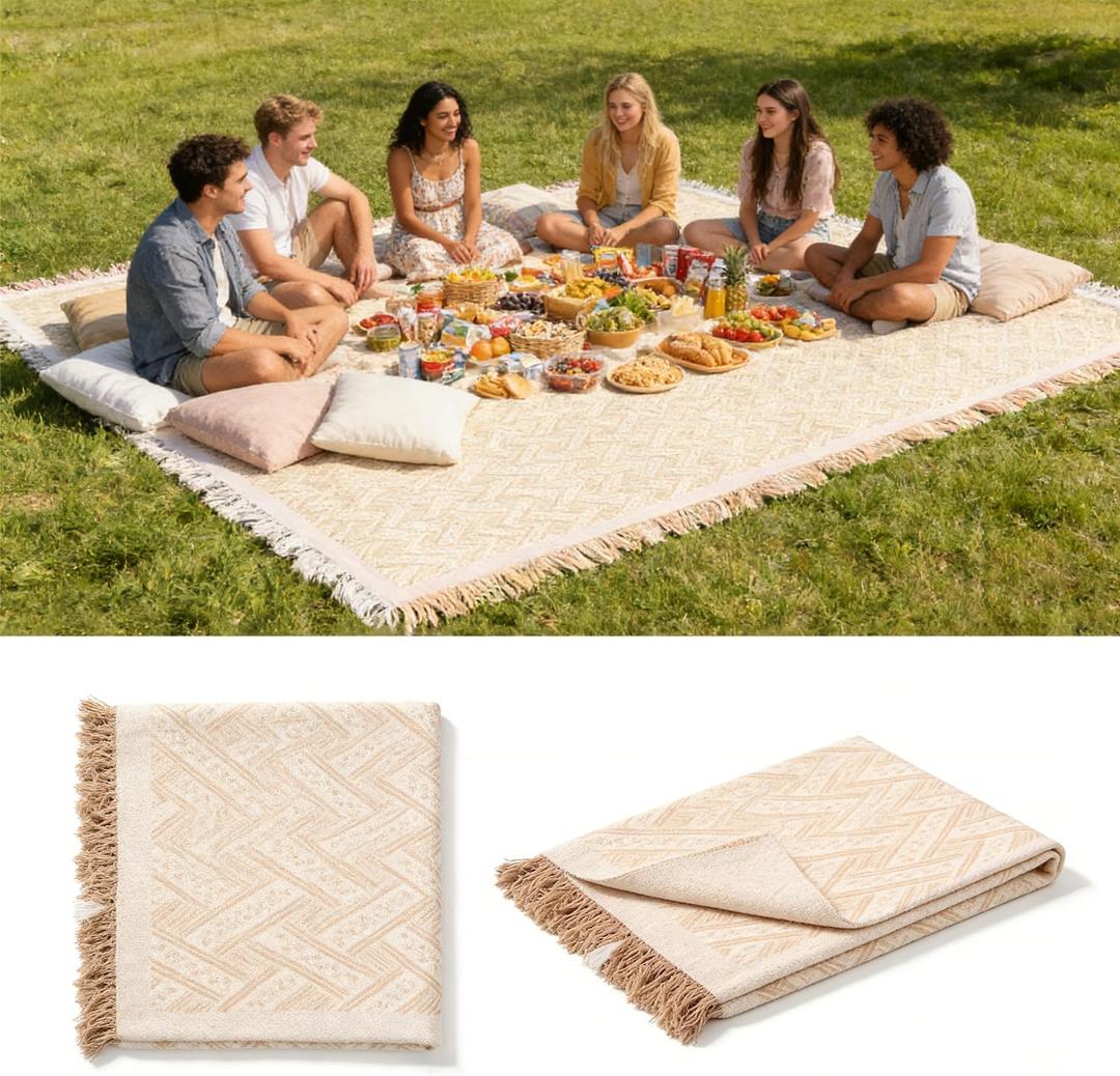 Extra Large Picnic Blanket 91"×71", Oversize Beach Woven Cotton Picnic Blankets Machine Washable, Sandproof Portable for Family Camping Beach Travel (Beige)
