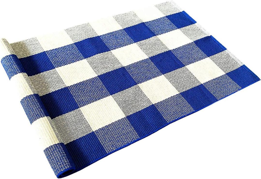LEVINIS Farmhouse Doormats 51.2''x23.6''- Cotton Hand-Woven Blue Buffalo Plaid Outdoor Rug/Kitchen Rugs/Bathroom Rug/Laundry Room Rug, Front Porch Dcor