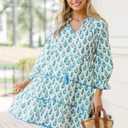 Women's Boho Floral Mini Dress Printed Tiered Ruffle Long Sleeve V Neck Summer Dress (White, M)