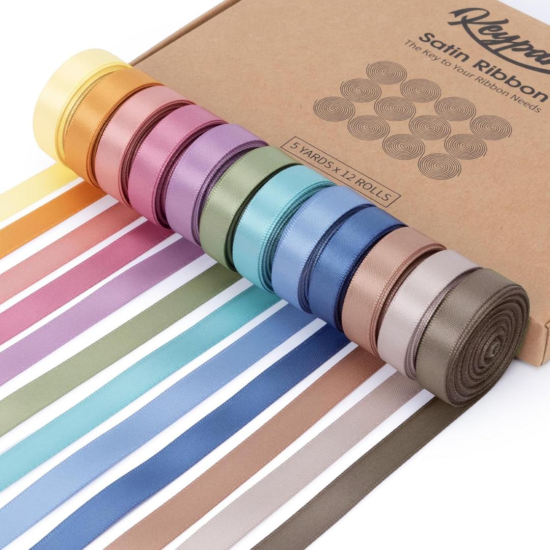 Keypan Pastel Stain Ribbon 3/8 Inch x 12 Rolls Total 60 Yards Colorful Ribbons for Gift Wrapping Flower Bouquet Paper Bows Wedding Invitations Easter DIY Crafts
