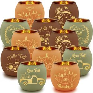 SHMILMH Fall Table Centerpiece Decorations Set of 12 Glass Votive Tealight Candle Holder for Wedding, Party, Thanksgiving, Fall Decor for Indoor and Outdoor