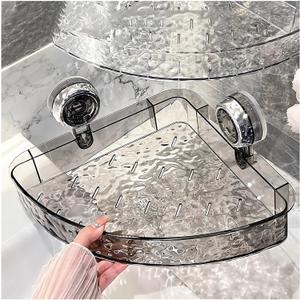 Corrugated Suction Cup Storage Holder Corner Shower Caddy Large Organizer Bathroom Shelf Clear Acrylic Shower Tray Shelves Inside Floating Shower Wall Shelf Bath Basket Rack Heavy Duty (Corner-Grey)