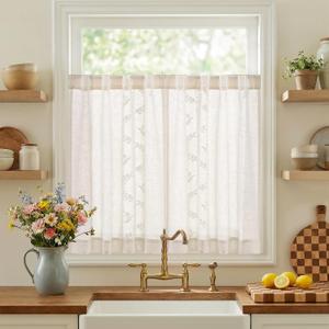jinchan Belrose Linen Floral Kitchen Curtains 36 inch Length Embroidered Farmhouse Cafe Curtains for Living Room Bathroom Small Windows Curtain Set Sheer Light Filtering 2 Panels White 26"W x 36"L (Pack of 2), *White