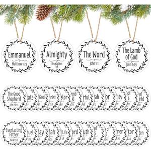 Bucherry 24 Pcs Names of Jesus Christ Christmas Ornament 3.5 in Nativity Round Wooden Hanging Ornaments with Different Names of The Savior for Xmas Tree Home Decor(White)