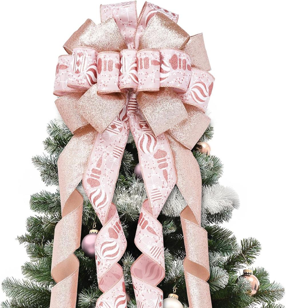 Christmas Tree Topper Bow, Large 13" Large Rose Gold & Pink Ribbon Bow with Ribbons, Christmas Print & Glitter Streamers for Xmas Tree, Long Wired Ribbon, Decoration for Farmhouse Holiday Party