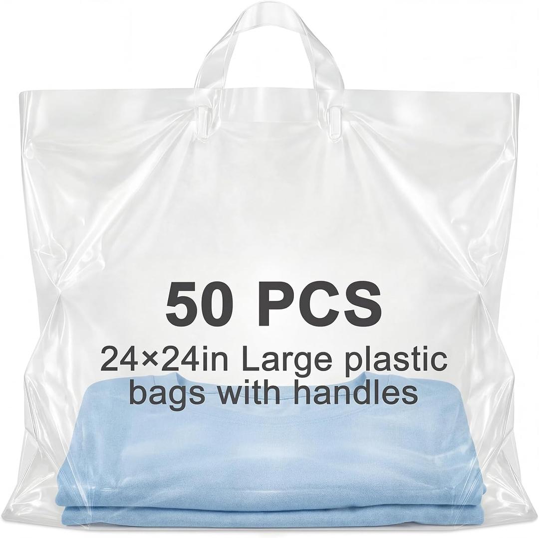 Qilery 50 Pack 24" x 24" Large Clear Plastic Shopping Bags with Handles Reusable Merchandise Gift Bags Bulk for Small Business Merchandise Retail Grocery Packaging Gift Giving