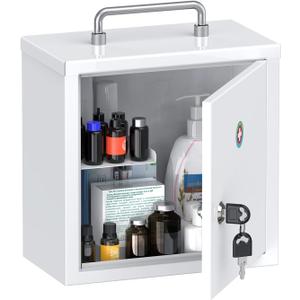 Uniclife Wall Mount Medicine Cabinet with Key Lock & Handle Locking First Aid Cabinet Lockable Medical Cabinet Lightweight Medium Medicine Organizer Secure Steel Wall Cabinet Metal Storage Box, White