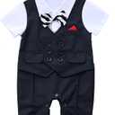 Baby Boy Gentleman White Shirt Waistcoat Bowtie Tuxedo Onesie Jumpsuit Overall Romper 6-9M