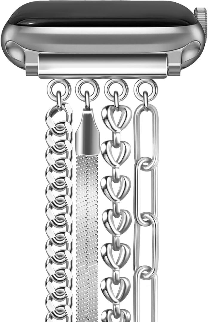 Newlibery Chain Bracelet Band Women Compatible with Apple Watch 42mm(S1/2/3) 44mm 45mm 46mm 49mm Adjustable Fashion Slim Jewelry Strap for iWatch Series 11/10/9/8/7/6/5/4/SE 3/2/1/Ultra1 2 3 Silver A