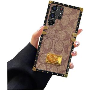 Phone Case for Samsung Galaxy S25 Ultra,Luxury Golden Decoration Corner Soft TPU Bumper Elegant Shockproof PU Leather Protective Back Cover Compatible with Galaxy S25Ultra(Khaki)