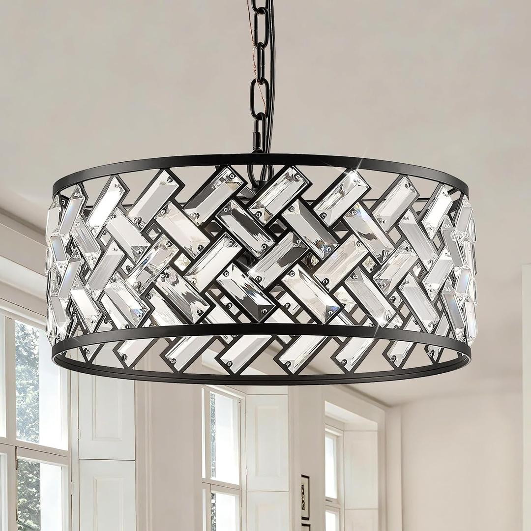 15.16" Black Crystal Chandelier, Morden 4-Light Dining Room Light Fixture