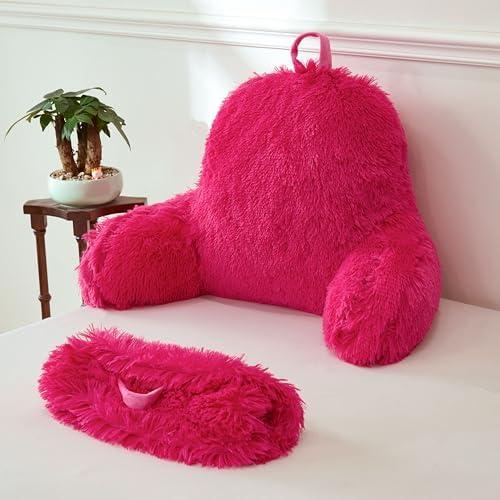 XeGe Fluffy Back Support Pillow Cover for Bed (No Filler), Faux Fur Backrest Pillow Case for Sitting in Bed, Furry Fuzzy Reading Pillow Cover for Adults Kids, Hot Pink