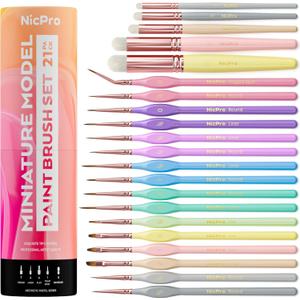 Nicpro 21PCS Fine Detail Paint Brush Drybrush Set, Aesthetic Pastel Fine Tip Miniature Paint Brushes for Acrylic Oil Watercolor, Crafts, 40K Models, Miniatures, Rock Painting, Paint by Numbers