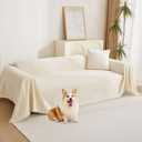 MYSKY HOME Boho Couch Cover Beige Sofa Covers with White Tassel Farmhouse Sofa Slipcover Simple Couch Protector for Dogs Chenille Sectional Couch Covers L Shaped Couch Cushion Covers, 91"x 134"