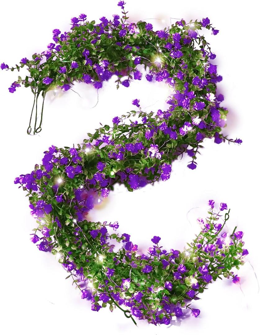 RECUTMS Faux Lighted Mantle Garland Artificial Hanging Greenery Fake Hanging Eucalyptus Leaves Vine with Lights Swag Garland for Indoor Outdoor Wall Party Mantel Wedding Table Arch Decor(Purple)