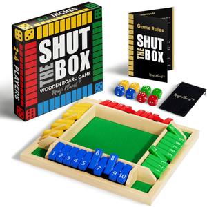 Classic Original Shut The Box Game, Math Dice Board Game for Family Night Classroom Travel, Wooden Table for Group Kid Adult Senior, Camp Party Bar, Easy Quick and Fun, 2-4 Players (color-coded)