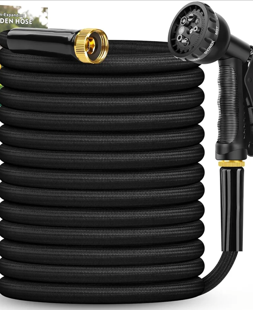 Garden Hose 100FT, Non-Expanding, Lightweight Hose With 8 Function Nozzle, Leak-Proof, No-Knot, Easy to Carry, Wear-Resistant, Sturdy, Flexible, 3/4GHT, Water Hose for Yard, Garden, Outdoor Black
