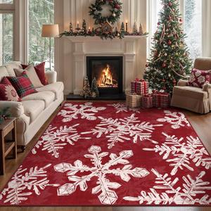 Christmas Area Rug 5x7 for Living Room, Washable Rug for Bedroom, Christmas Home Decor, Holiday Print Carpet, Low Pile Non Slip Mat with Rubber Backing, Snowflake