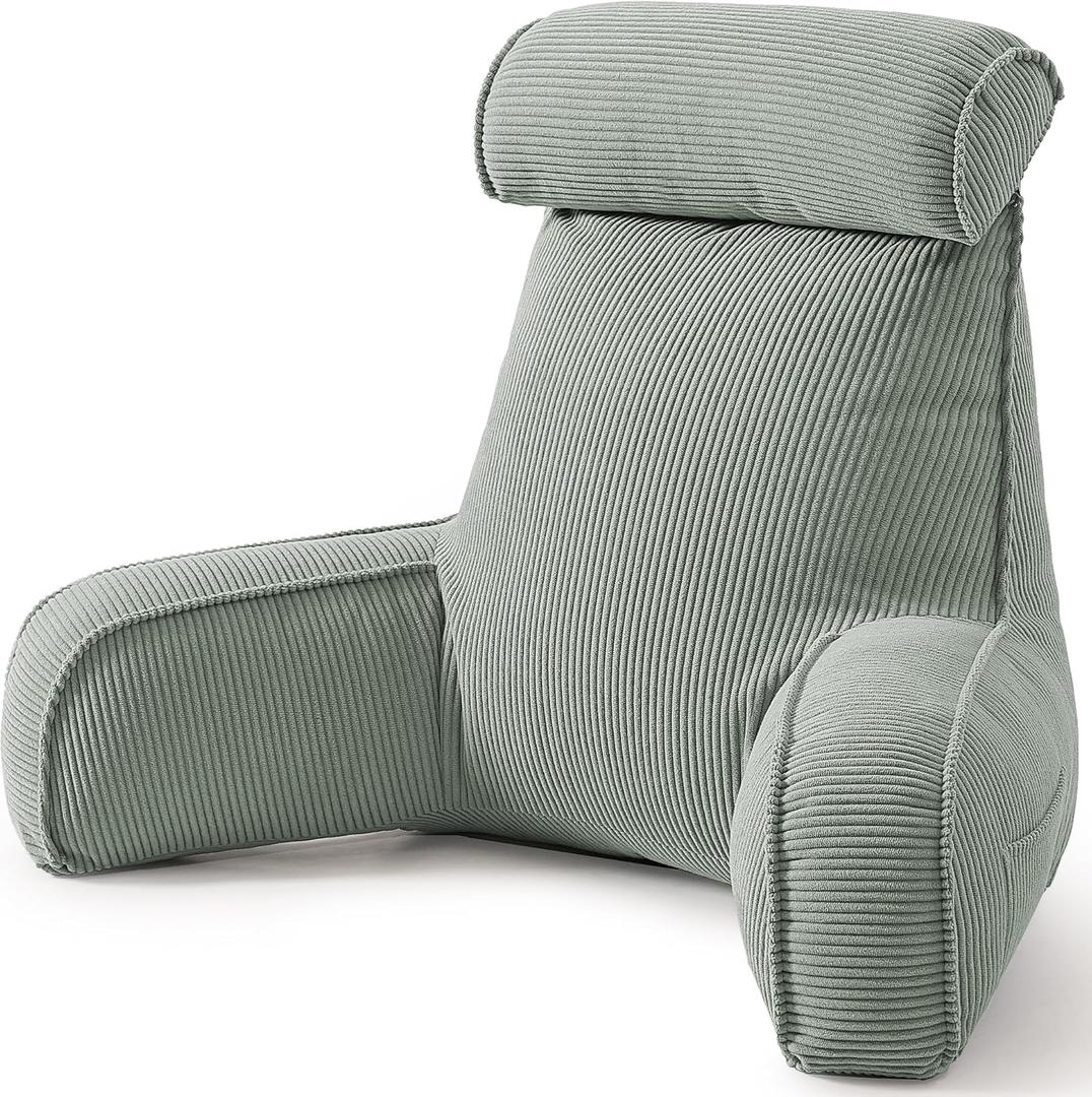 Corduroy Reading Pillow for Sitting Up, Bed Rest Pillow with Arms, Detachable Headrest, Side Pockets & Washable Cover, Back Support for Sofa Couch Relaxing, Grey Green