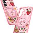 Uppuppy for Samsung Galaxy S25 Case - Compatible with MagSafe for Women Girls Bulit-in 360 Rotatable Magnetic Ring Holder Kickstand Cute Aesthetic Pink Strawberry Design for Samsung S25